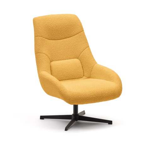 DE_Fauteuil giratoire Celida en bouclette moutarde et acier avec finition noire