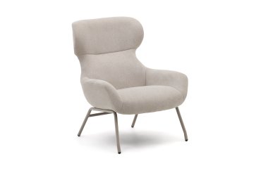 DE_Fauteuil Belina en chenille beige et acier avec finition blanche