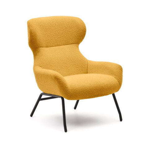 Belina armchair in mustard shearling and steel with black finish