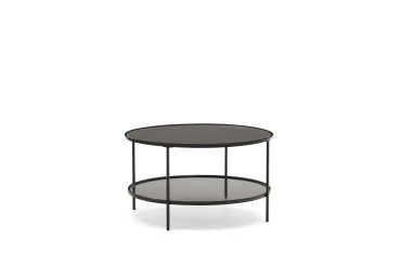 DE_Table basse Gilda en verre trempé et métal avec finition peinture noir mat Ø 80 cm