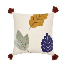 Zelda white cushion cover with multicolour embroidered leaves and terracotta tassels, 45 x 45 cm