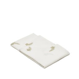 Masha round white linen and cotton tablecloth with embroidered gold lurex leaf detail Ø150cm