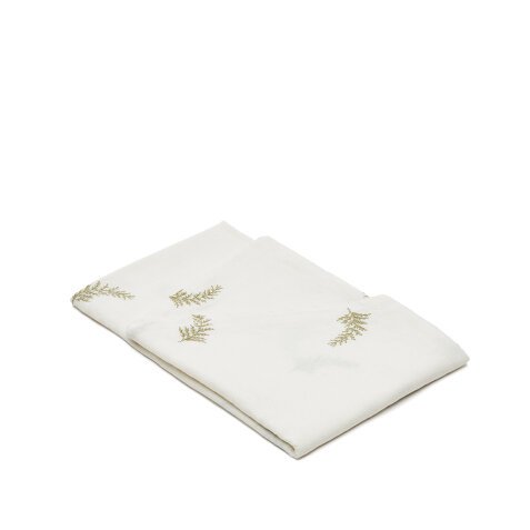 Rond wit Masha-tafelkleed wit katoen linnen goudkleurig lurex bladborduursel Ø150cm