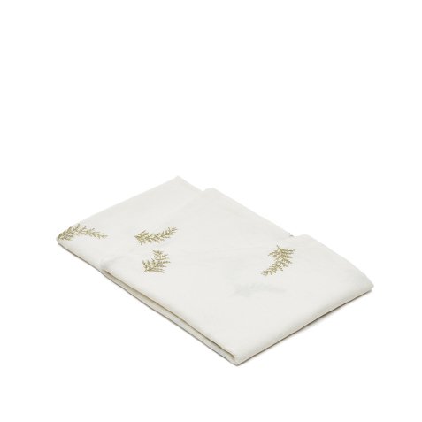 Masha round white linen and cotton tablecloth with embroidered gold lurex leaf detail Ø150cm