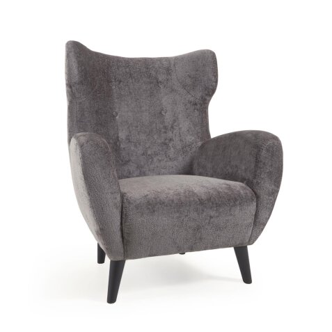 Patio armchair in blue with solid, natural rubberwood legs in black