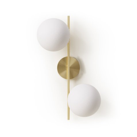 Mahala steel wall light with brass finish and two frosted glass spheres