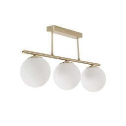 Mahala ceiling light with steel detail and brass finish and three frosted glass spheres