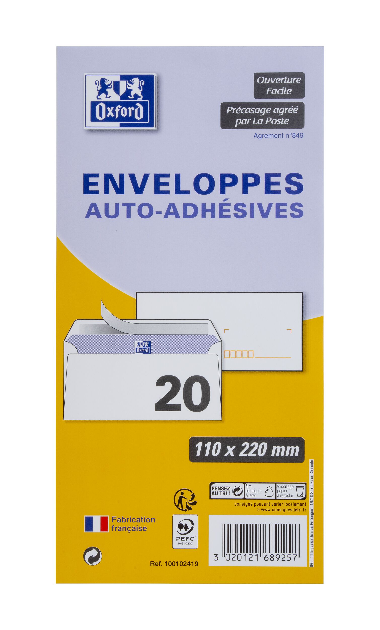 Lot de 20 enveloppes Oxford 110x220  auto adhesive precasee - blanc