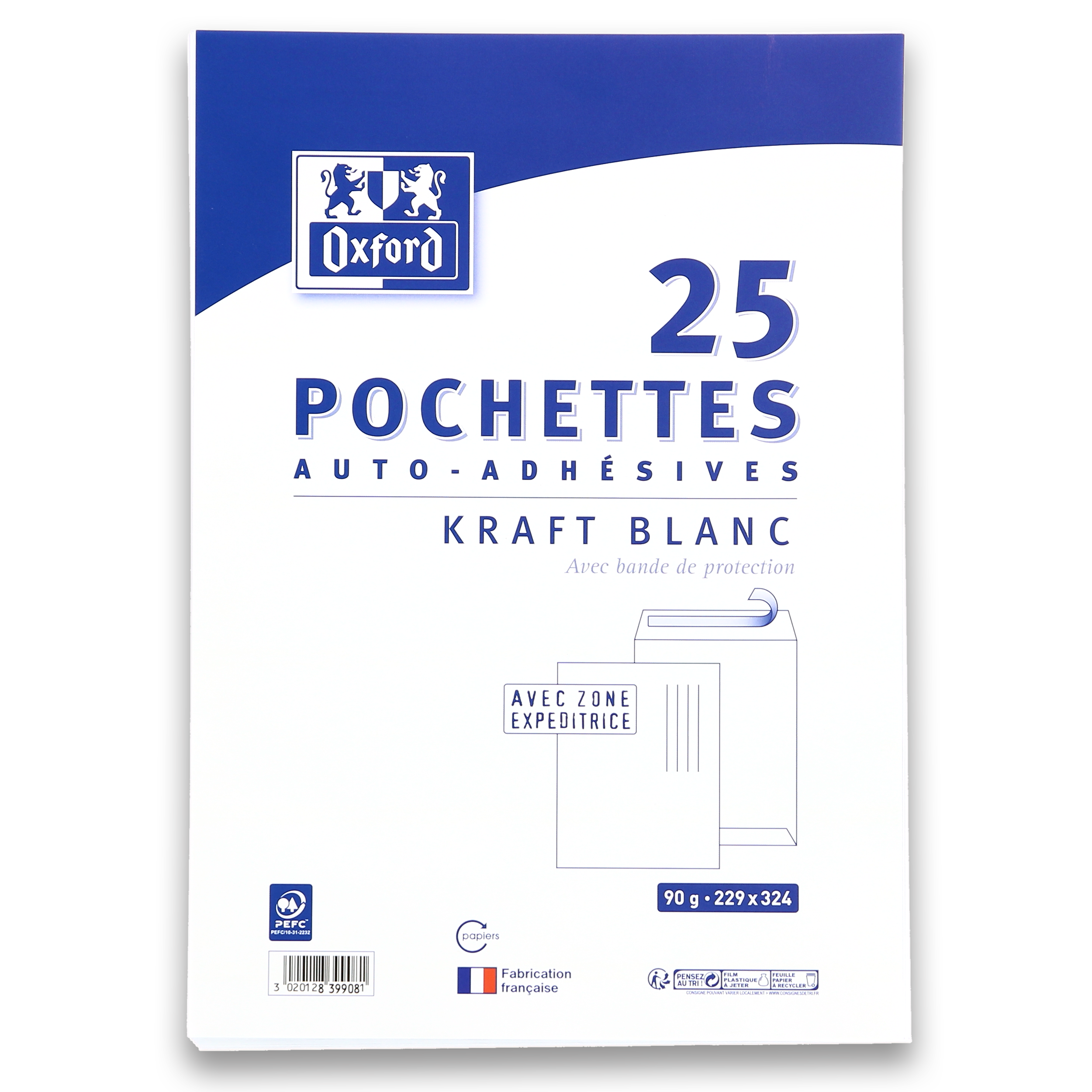 Pochette Oxford 229x324 x25 kraft blanc auto adhesive