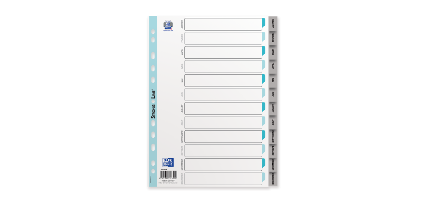 Intercalaires mensuels A4 12 positions polypro 12/100 gris