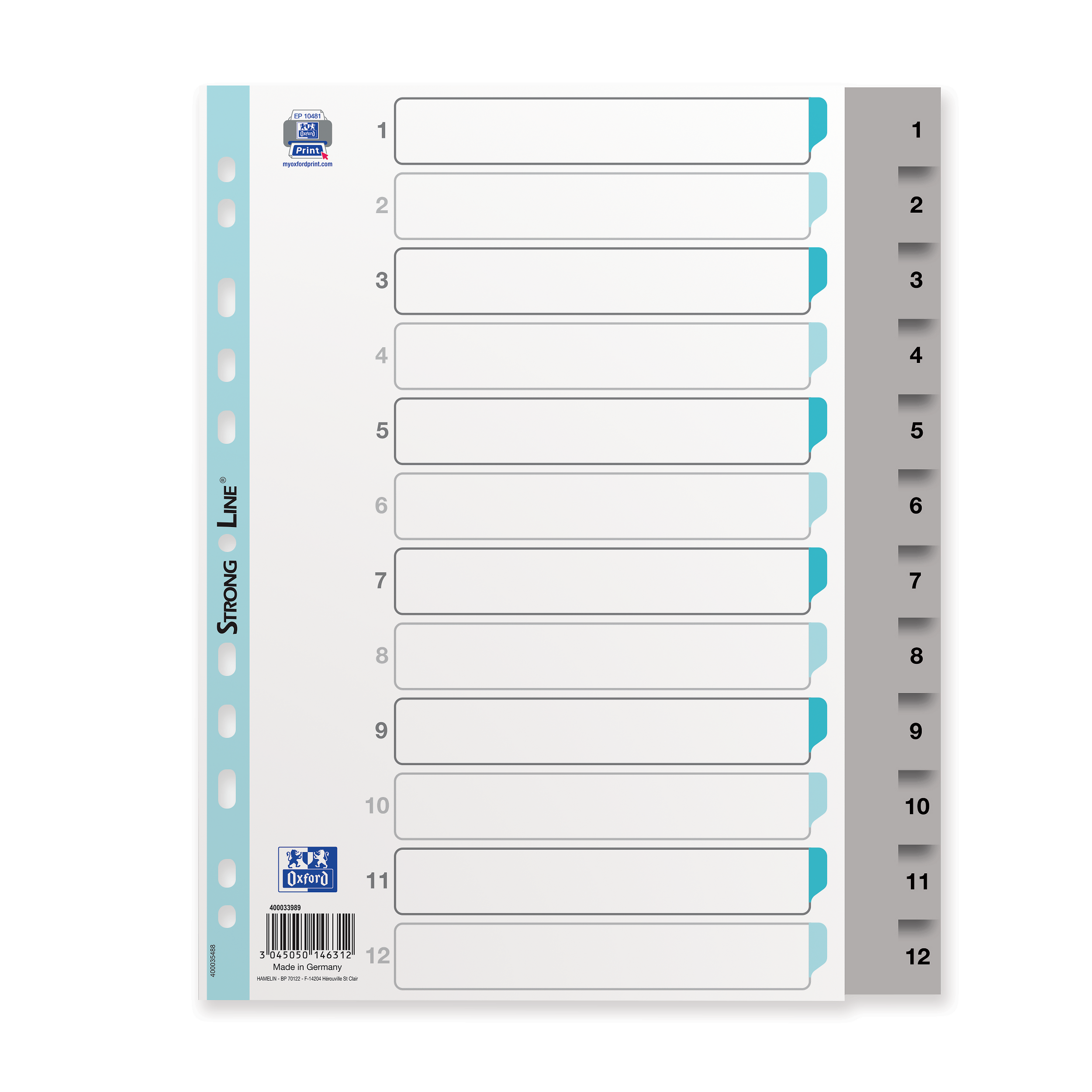 Intercalaire numerique a4xl 12positions polypro 12/100 gris