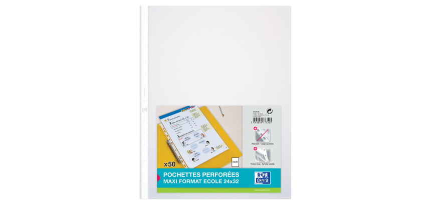Lot de 50 pochettes perforées Oxford 24x32 polypro lisse 6/100éme incolore