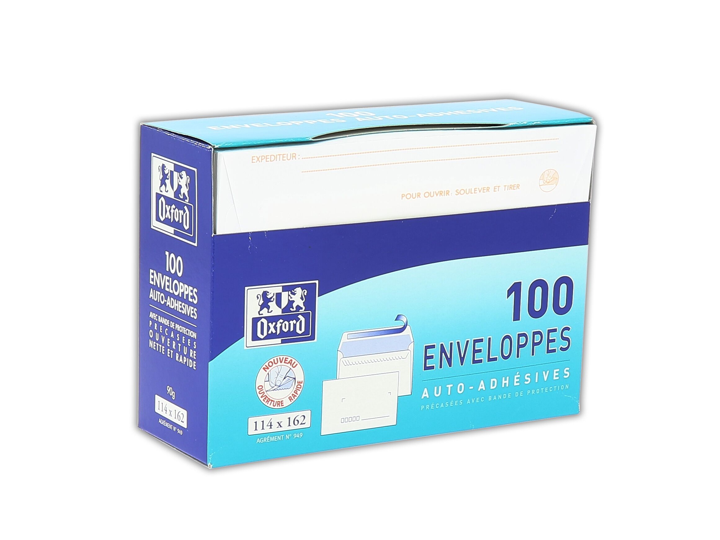 Boite de 100 enveloppes Oxford 114x162  auto adhésives precasees inviolables blanc