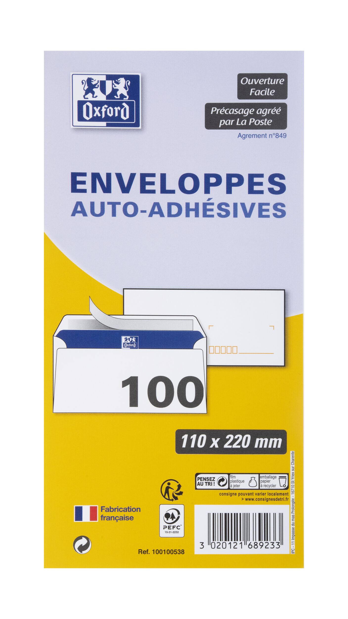 Lot de 100 enveloppes Oxford 110x220 auto adhesive precasee - blanc