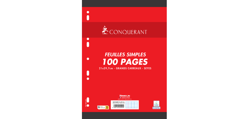 Feuilles simples Conquerant 7 perforees 210x297 film 100p 90g seyes