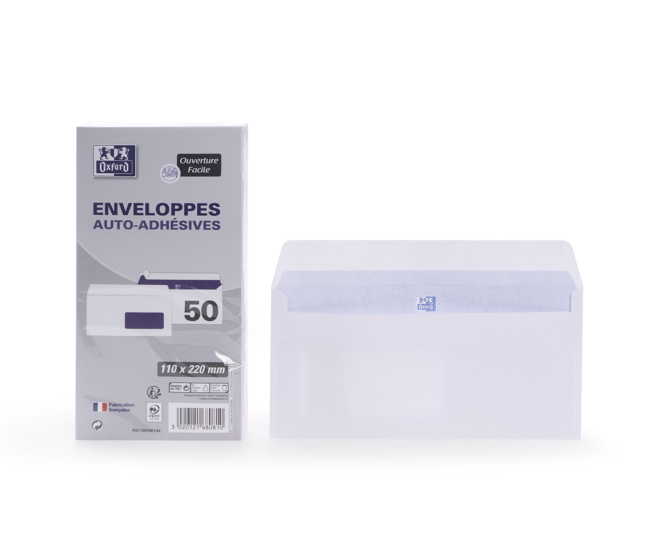 Lot 50 enveloppes Oxford 110x220 auto adhesive fenetre - blanc