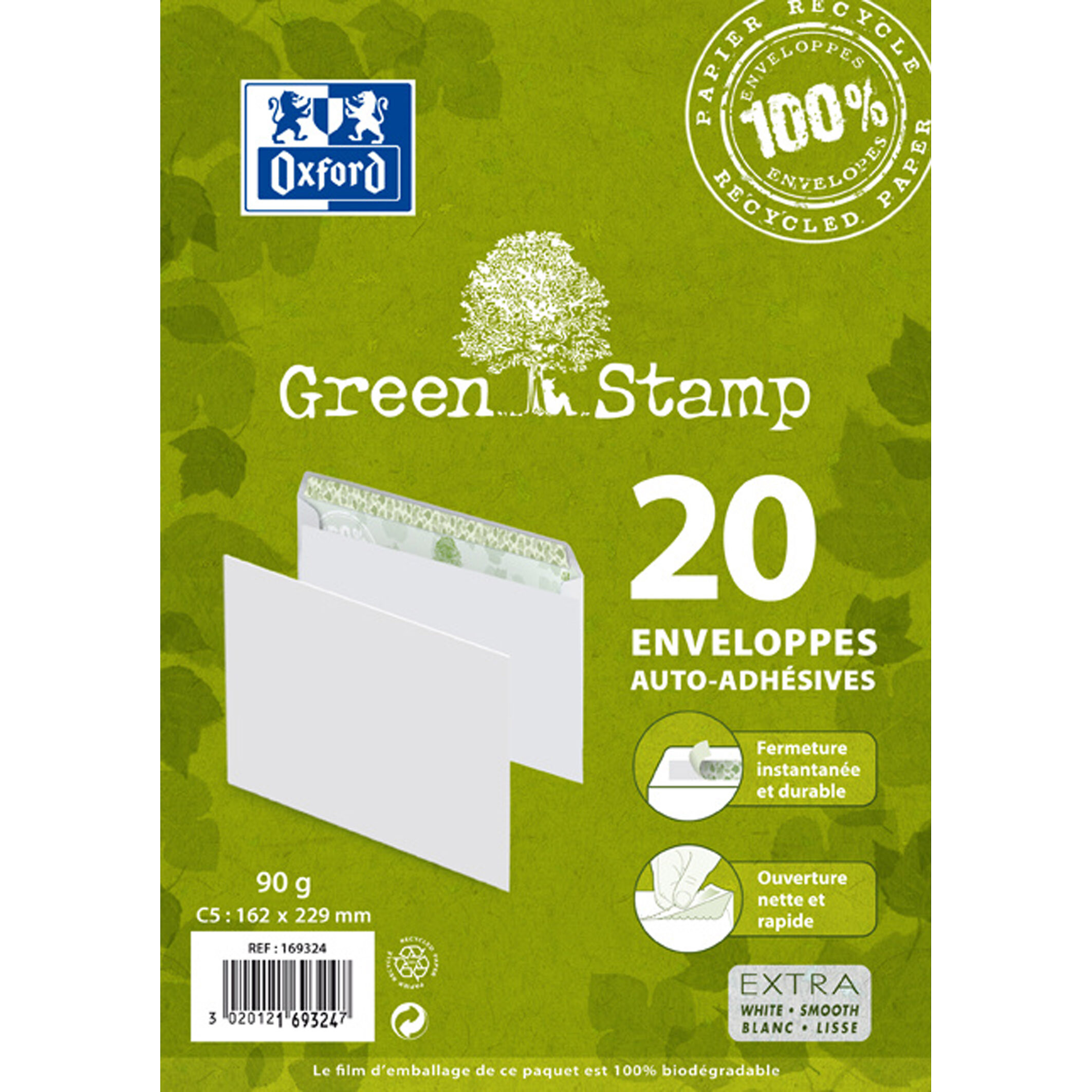 Paquet d'enveloppes Oxford 162x229 x20 auto adhesive recycle