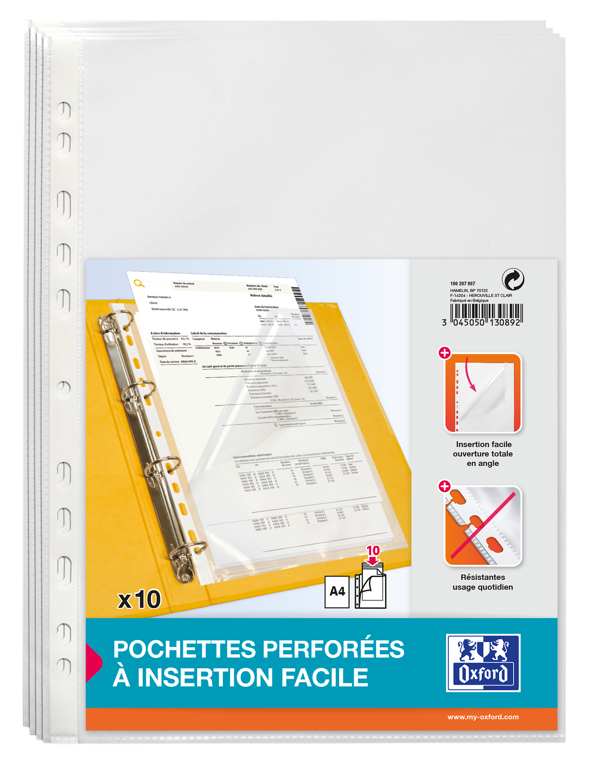 Lot de 10 pochettes perforées  a4 ouverture laterale polypro lisse 7/100ème  incolore