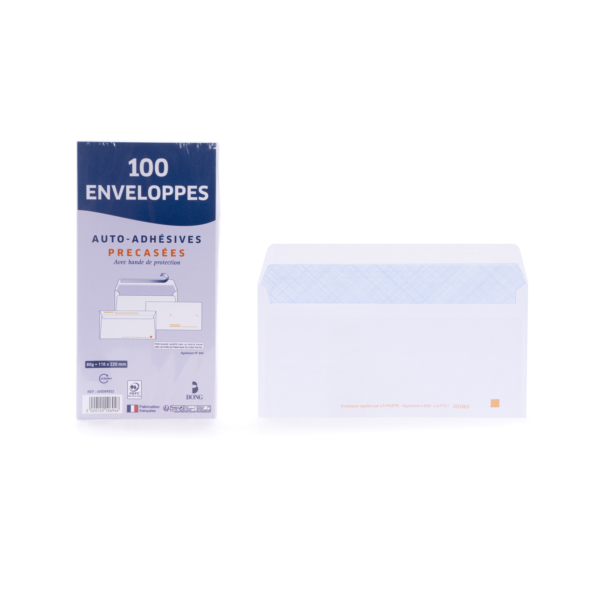 Paquet de 100 enveloppes 110x220 blanc 80g bong