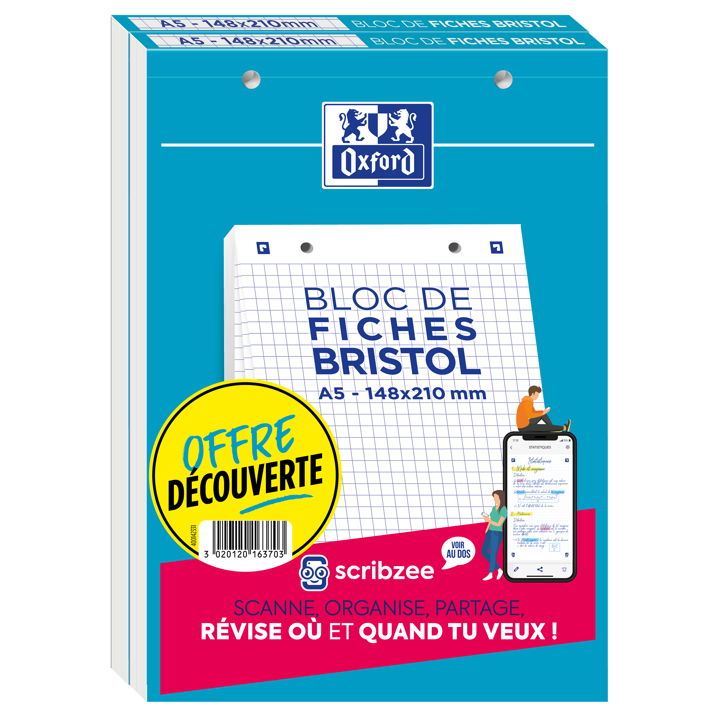 Lot de 2 blocs bristol Oxford 148x210 30 fiches perforees q5/5+tag