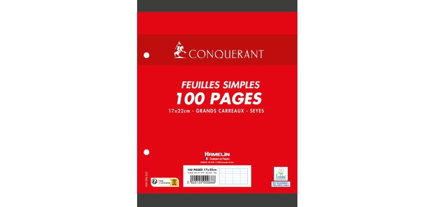Feuilles simples Conquerant 7 perforees 170x220 film 100p 90g seyes