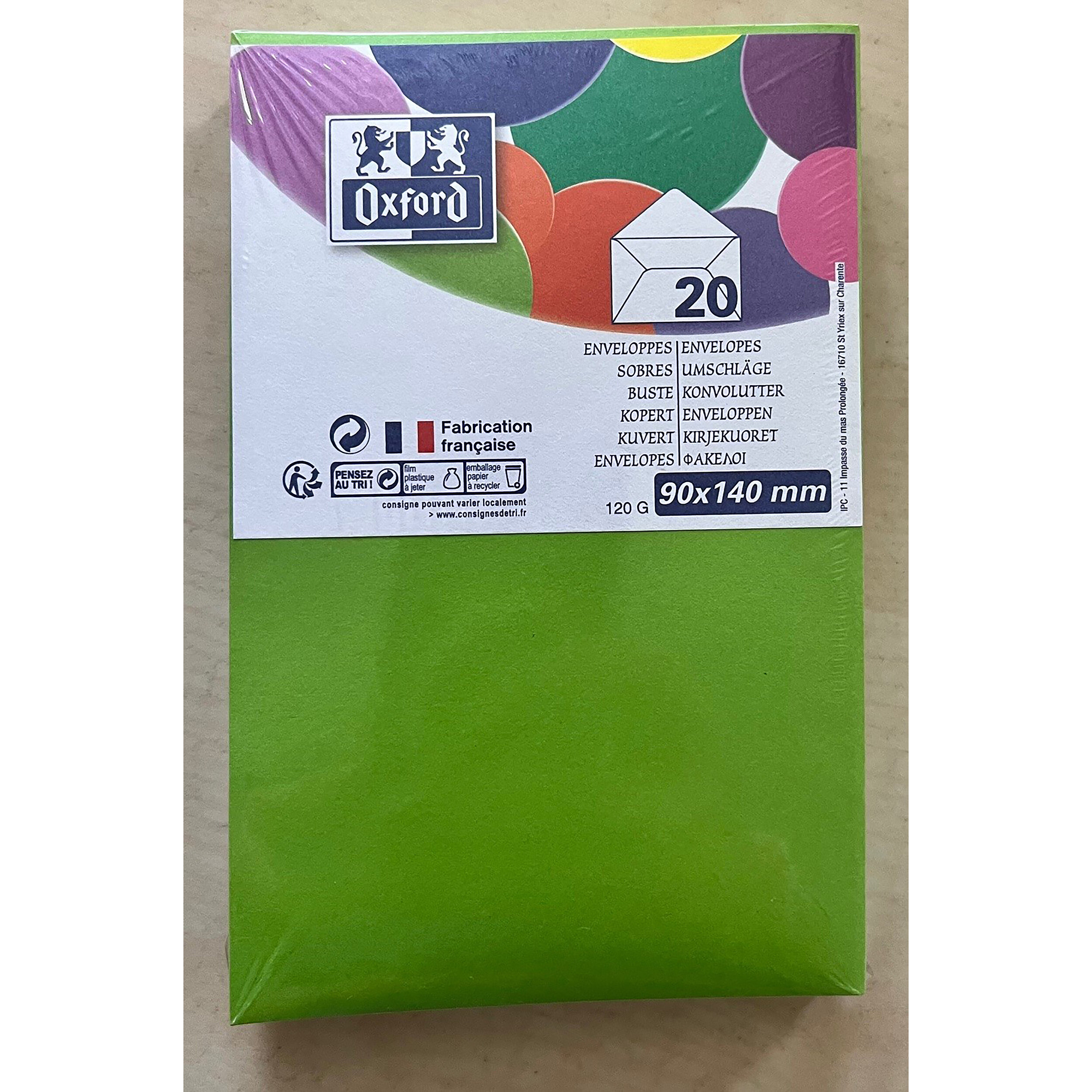 Paquet d'enveloppes Oxford 90x140 x20 vert anis