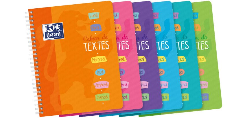 Cahier Oxford de textes 17x22cm grands carreaux Seyès 148 pages reliure spirale couverture carte coloris assortis