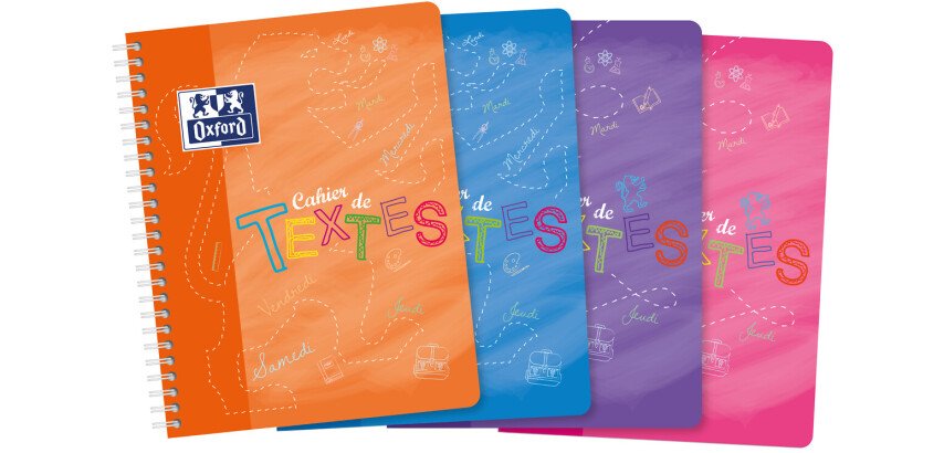 Cahier Oxford de textes 17x22cm grands carreaux Seyès 148 pages reliure spirale couverture polypro coloris assortis