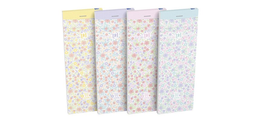 Bloc-notes Oxford shoPPing Flowers 7,4x21cm ligné 6mm 160 pages agrafées couverture carte coloris assortis
