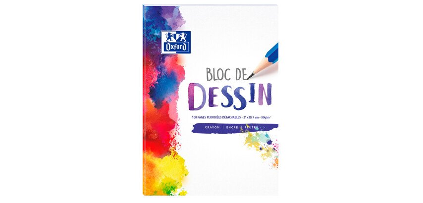 Bloc-notes Oxford dessin A4 réglure unie blanche 100 pages collé côté couverture colorée