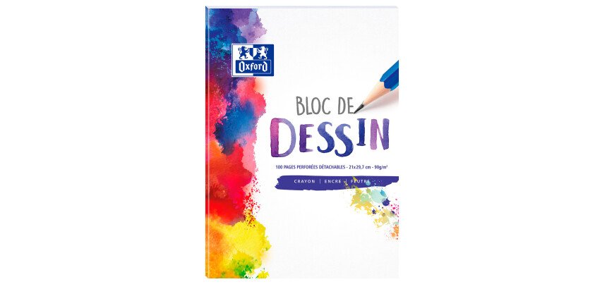 Bloc-notes Oxford dessin a4 réglure unie blanche 100 pages collé côté couverture colorée