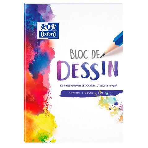 Bloc-notes Oxford dessin a4 réglure unie blanche 100 pages collé côté couverture colorée