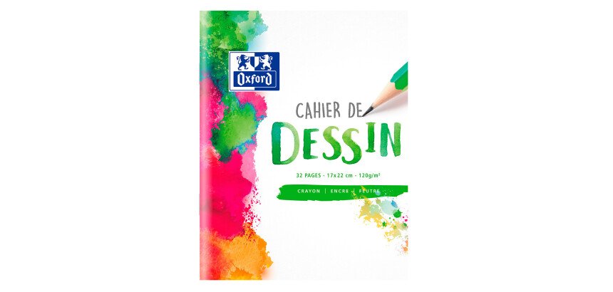 Cahier Oxford dessin 17x22cm réglure unie blanche 32 pages agrafées couverture carte colorée