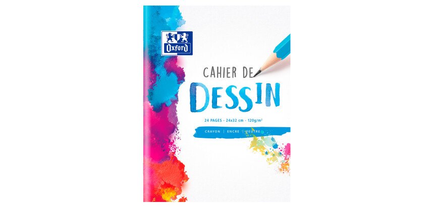Cahier Oxford dessin 24x32cm réglure unie blanche 24 pages agrafées couverture carte colorée