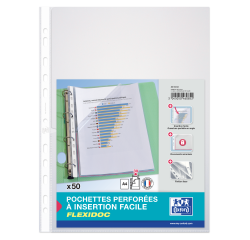 Lot de 50 pochettes perforées Oxford a4 ouverture latérale polypro lisse 7/100ème incolore