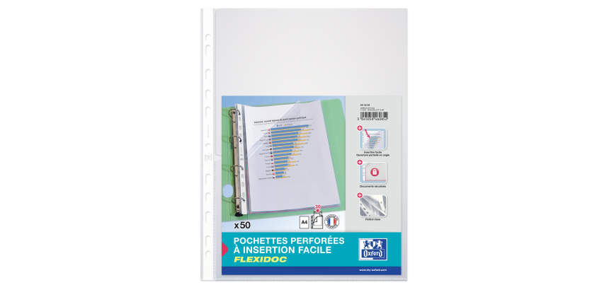 Lot de 50 pochettes perforées Oxford a4 ouverture latérale polypro lisse 7/100ème incolore