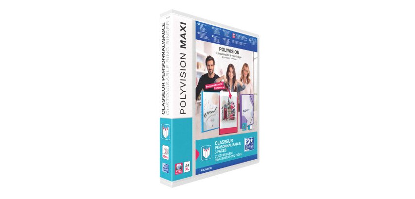 Classeur Oxford Polyvision Maxivision A4xl dos 40mm 4 anneaux couverture polypro incolore