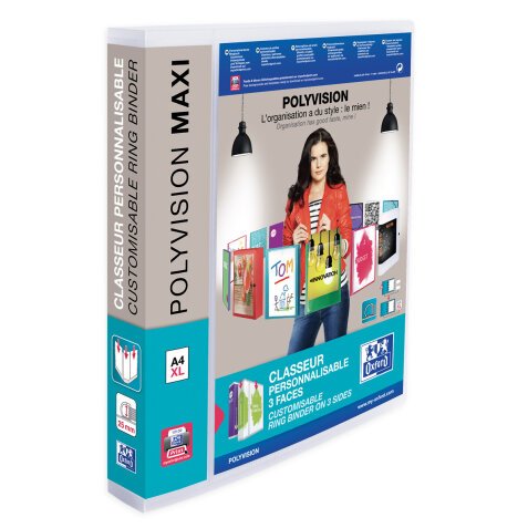 Classeur Oxford polyvision maxivision a4xl dos 40mm 4 anneaux couverture polypro incolore