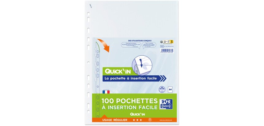 lot de 10 pochettes perforées Oxford à insertion facile A4 polypro lisse 5/100ème - incolore