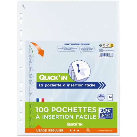 Lot de 10 pochettes perforées Oxford à insertion facile a4 polypro lisse 5/100ème - incolore