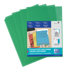 Sachet de 10 pochettes-coin Oxford shine a4 polypro lisse épaisseur 12/100ème vert