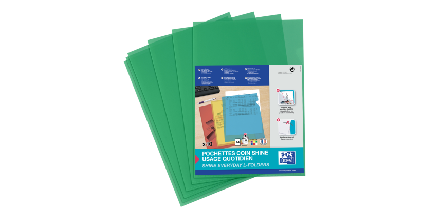 Sachet de 10 pochettes-coin Oxford shine a4 polypro lisse épaisseur 12/100ème vert