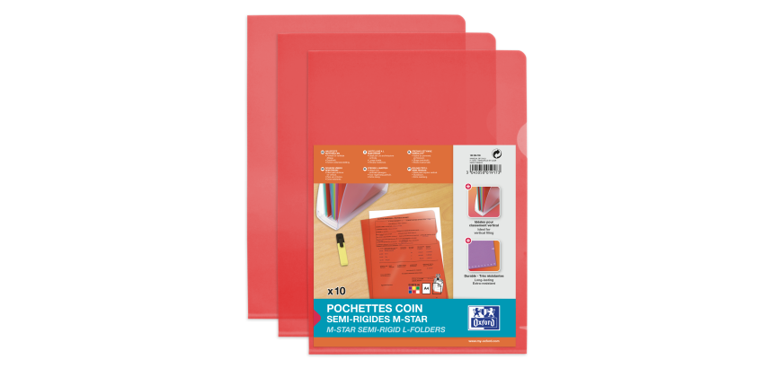 Sachet de 10 pochettes-coin Oxford m star a4 pvc lisse épaisseur 15/100ème rouge