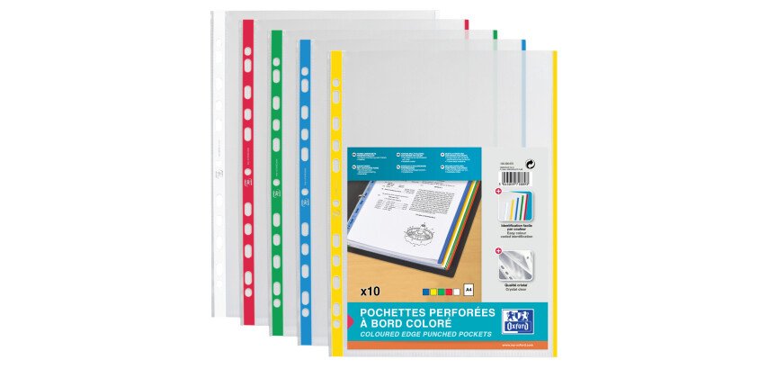 Pochettes perforées A4 avec bande colorée, PP, 0,09 m