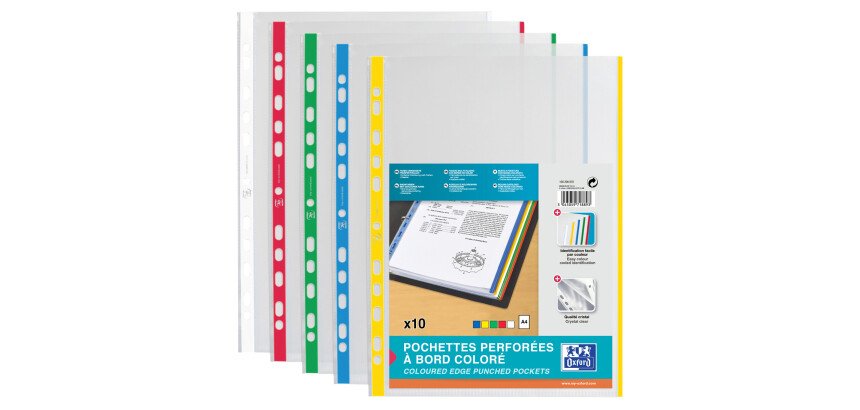 Pochettes perforées A4 avec bande colorée, PP, 0,09 m