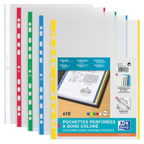 Pochettes perforées A4 avec bande colorée, PP, 0,09 m