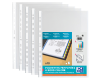 Sachet de 10 pochettes perforées Oxford à bande et bords colorés a4 polypro lisse épaisseur 9/100ème incolore