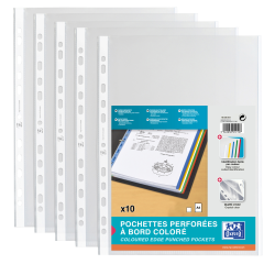 Sachet de 10 pochettes perforées Oxford à bande et bords colorés a4 polypro lisse épaisseur 9/100ème incolore