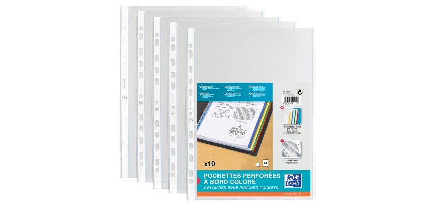 Sachet de 10 Pochettes perforées Oxford à bande et bords colorés A4 polypro lisse épaisseur 9/100ème