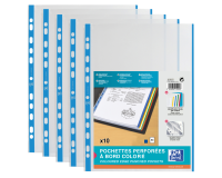 Sachet de 10 pochettes perforées Oxford à bande et bords colorés a4 polypro lisse épaisseur 9/100ème bleu